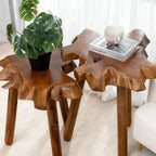 Natural Teak Wood Live Edge Side Table with Wood Legs – Rustic Side Table for Living Room, Bedroom – Sturdy Real Teak Wood End Table, Easy to Assemble (14"x16"x20" +18"x20"x20")