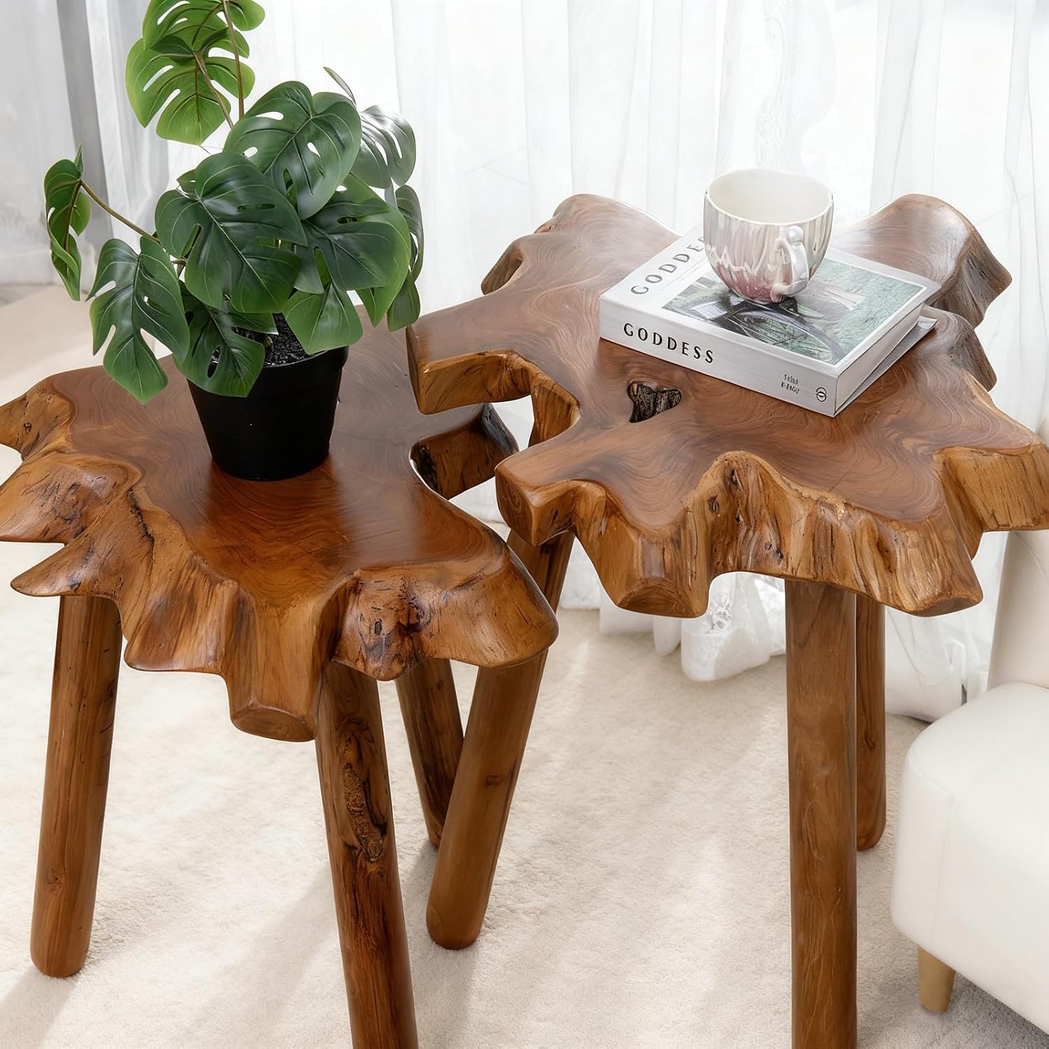 Natural Teak Wood Live Edge Side Table with Wood Legs – Rustic Side Table for Living Room, Bedroom – Sturdy Real Teak Wood End Table, Easy to Assemble (14"x16"x20" +18"x20"x20")