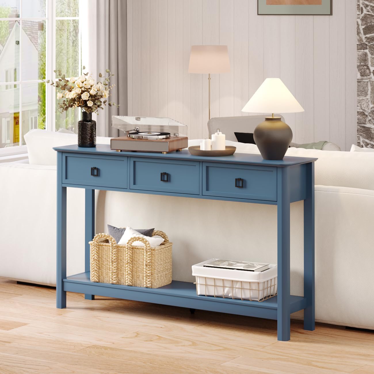 Treocho 53.1" Console Table with 3 Drawers, Sofa Table Behind Couch, 2 Tier | Long Entryway Table with Storage, Modern, For Hallway, Living Room, Blue