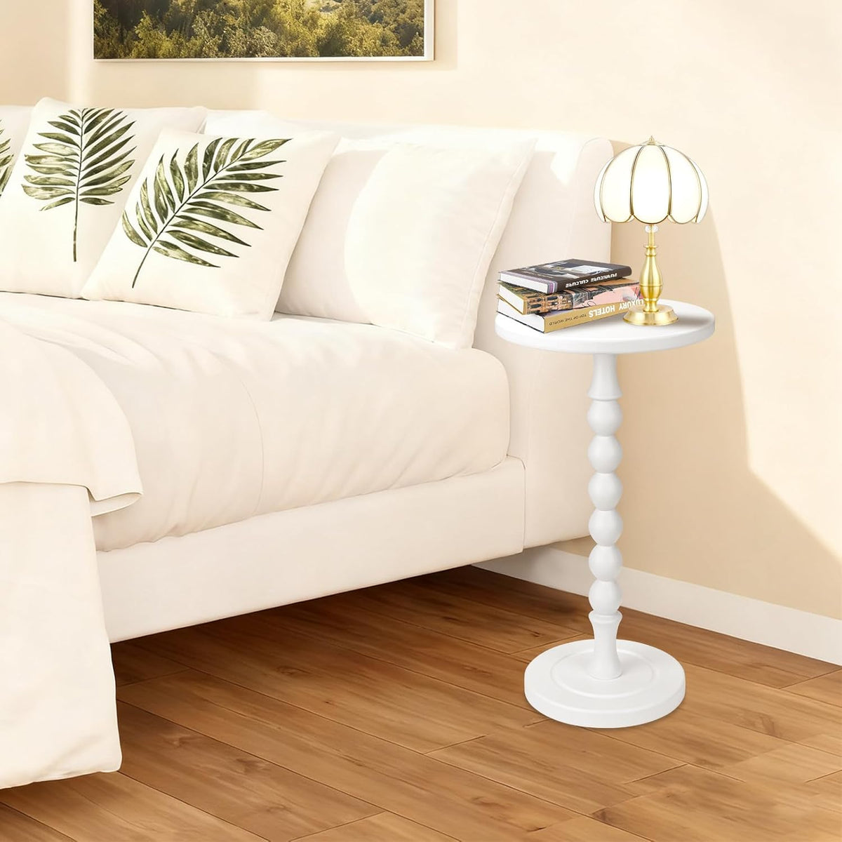 Round Side Table for Small Spaces, Drink Table with Oak Wood Pedestal, Modern End Table Nightstand for Living Room, Bedroom, Office, and Corners, Tool-Free Assembly, White