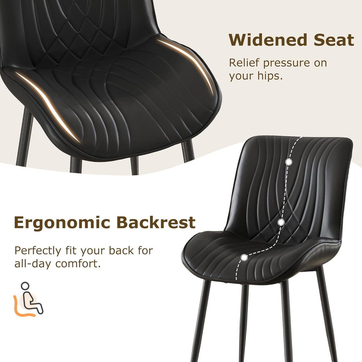 VECELO Dining Chairs Set of 2, Modern Upholstered Faux Leather Cushion Seat and Metal Legs for Kitchen, Living Room, Black