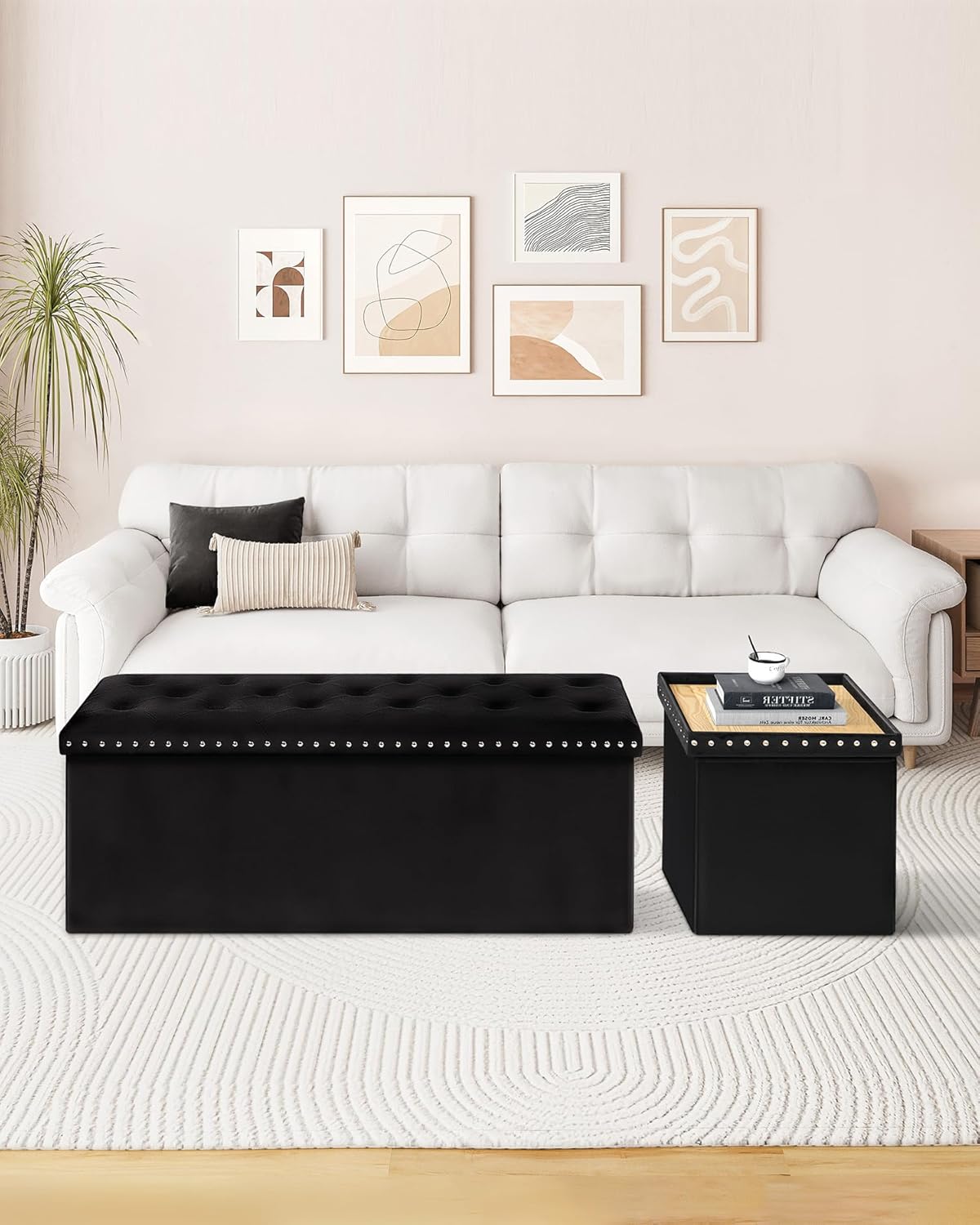 B FSOBEIIALEO Storage Ottoman Bench, 43" Velvet Ottoman with Storage, Black | 140L Large Storage Space, Tufted Foldable Long Storage Bench for Bedroom , Living Room, Entryway, End of bed