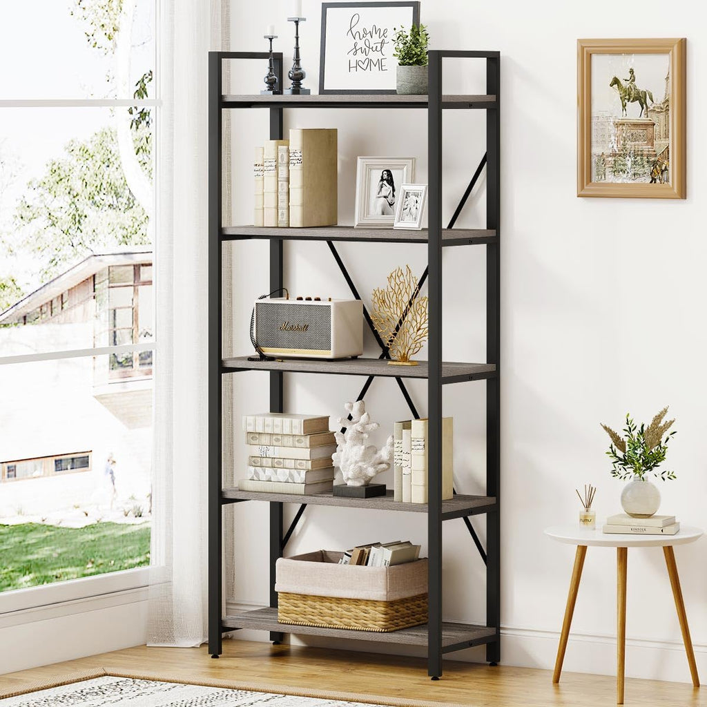 Industrial Bookshelf, Etagere Bookcases and Book Shelf 5 Tier Shelves, Grey Wood and Metal Shelving Unit (Dark Gray Oak)