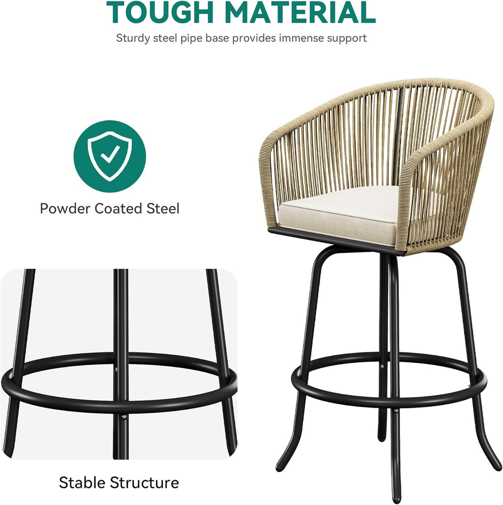 YITAHOME 27" Bar Stools Set of 4 with Arms & Cushions, 360° Swivel Outdoor Bar Stools, All Weather Counter Height Bar Stools Set of 4 with Curved Back for Backyard, Kitchen Island, Dining Room, Beige