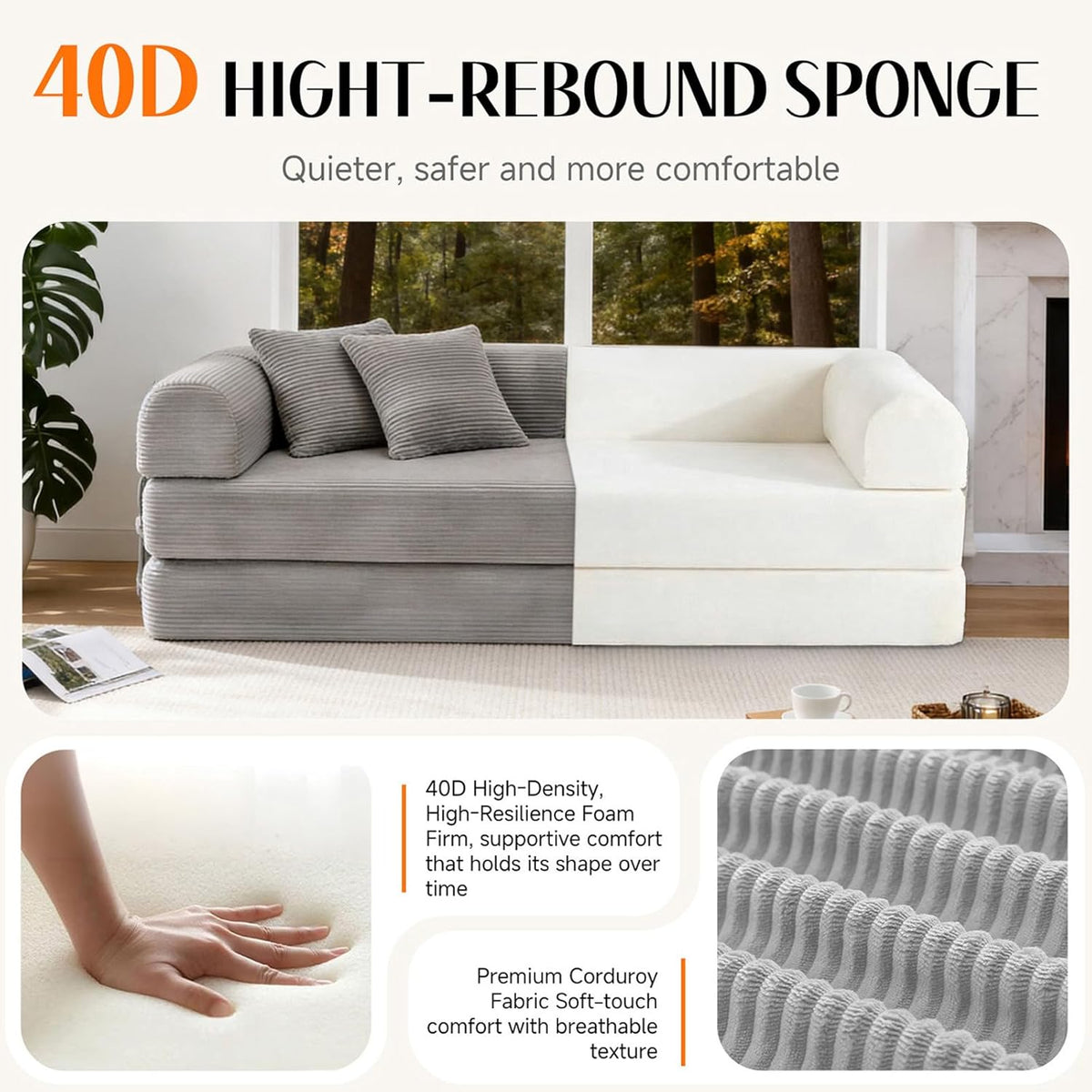 79'' Convertible Sofa Bed, Couch-in-a-Box, Corduroy Floor Futon Loveseat Sleeper, 26'' Deep Seat, Removable Machine-Wash Covers, No Assembly, 2 Pillows, Light Grey