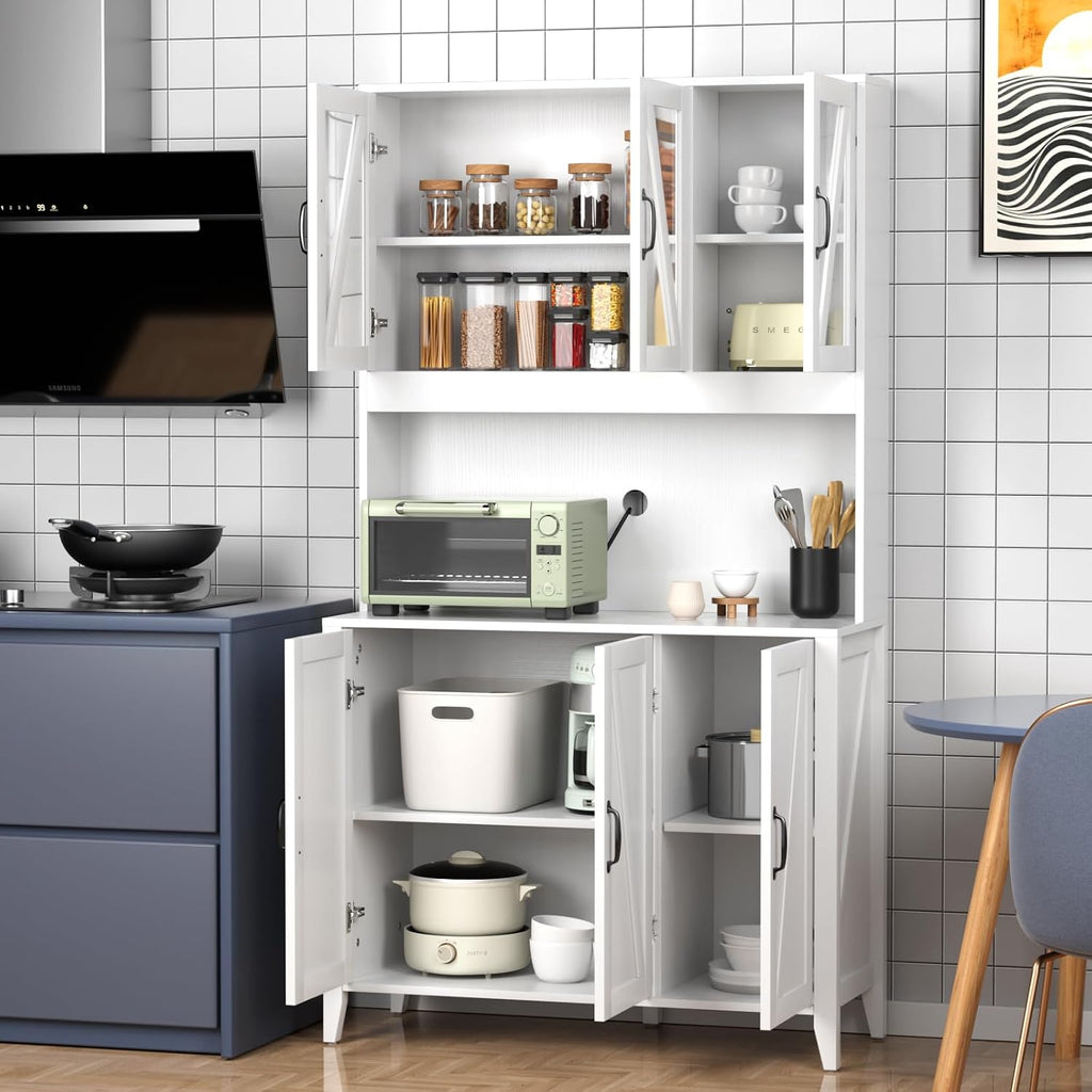VOWNER Kitchen Pantry Storage Cabinet, Tall Kitchen Cabinets with 6 Doors, Freestanding Storage Cabinet with Adjustable Shelves for Kitchen, Dining Room, White
