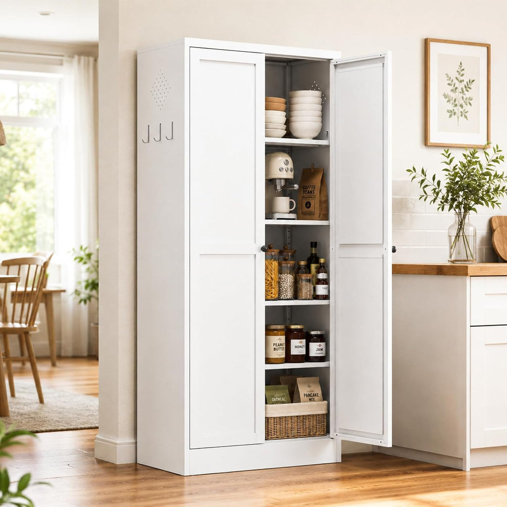 Metal Pantry Cabinet, 61" Kitchen Pantry Cabinet with 2 Doors and 4 Adjustable Shelves, White Steel Storage Cupboard for Dining, Office, Living Room, Bathroom