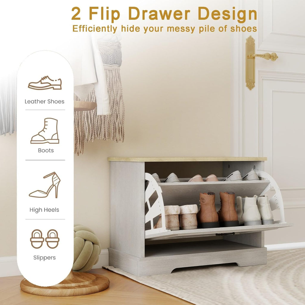 Antique Shoe Storage Bench Small Shoe Cabinet for Entryway, Hallway, Bedroom, with Flip Drawer & Adjustable Shelf, with Ventilation, MDF Wood, White, 23.6" L x 11.8" W x 17.7" H