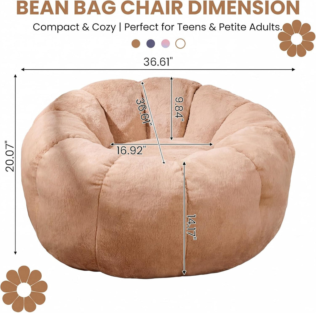 Flower Bean Bag Chair for Teens and Young Adults, Soft Faux Fur Floor Seating with Memory Foam, Aesthetic Room Decor Cozy Lounger for College Dorm, Khaki