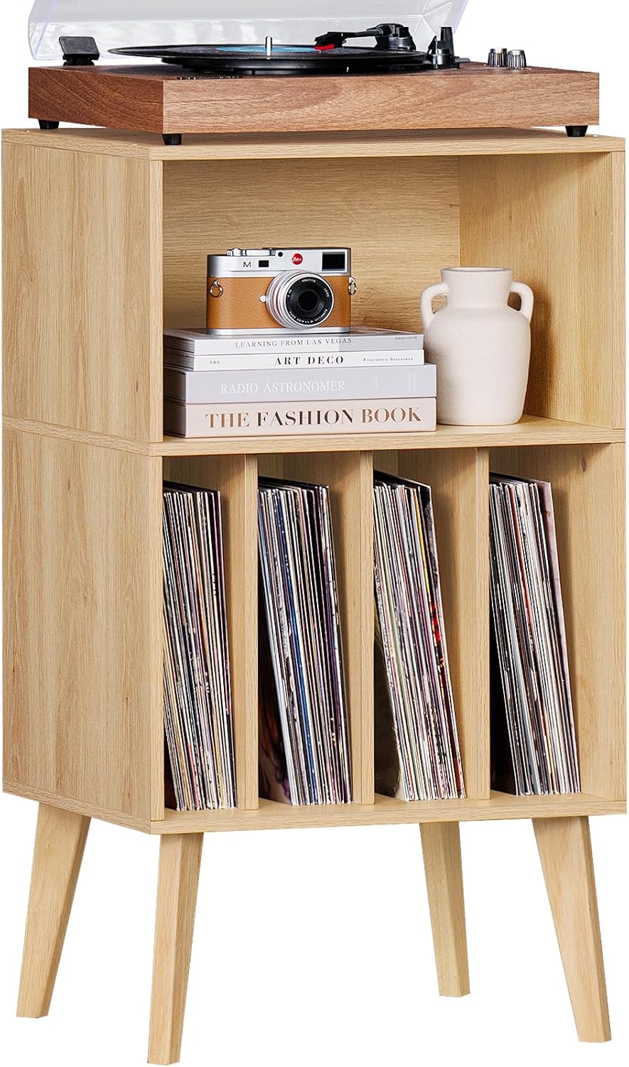 Lerliuo Record Player Stand, Turntable Stand Holds up to 160 Albums | Mid-Century Vinyl Storage Cabinet Table,Solid Wood Legs, Record Player Holder Dispaly Shelf for Living Room,Burlywood