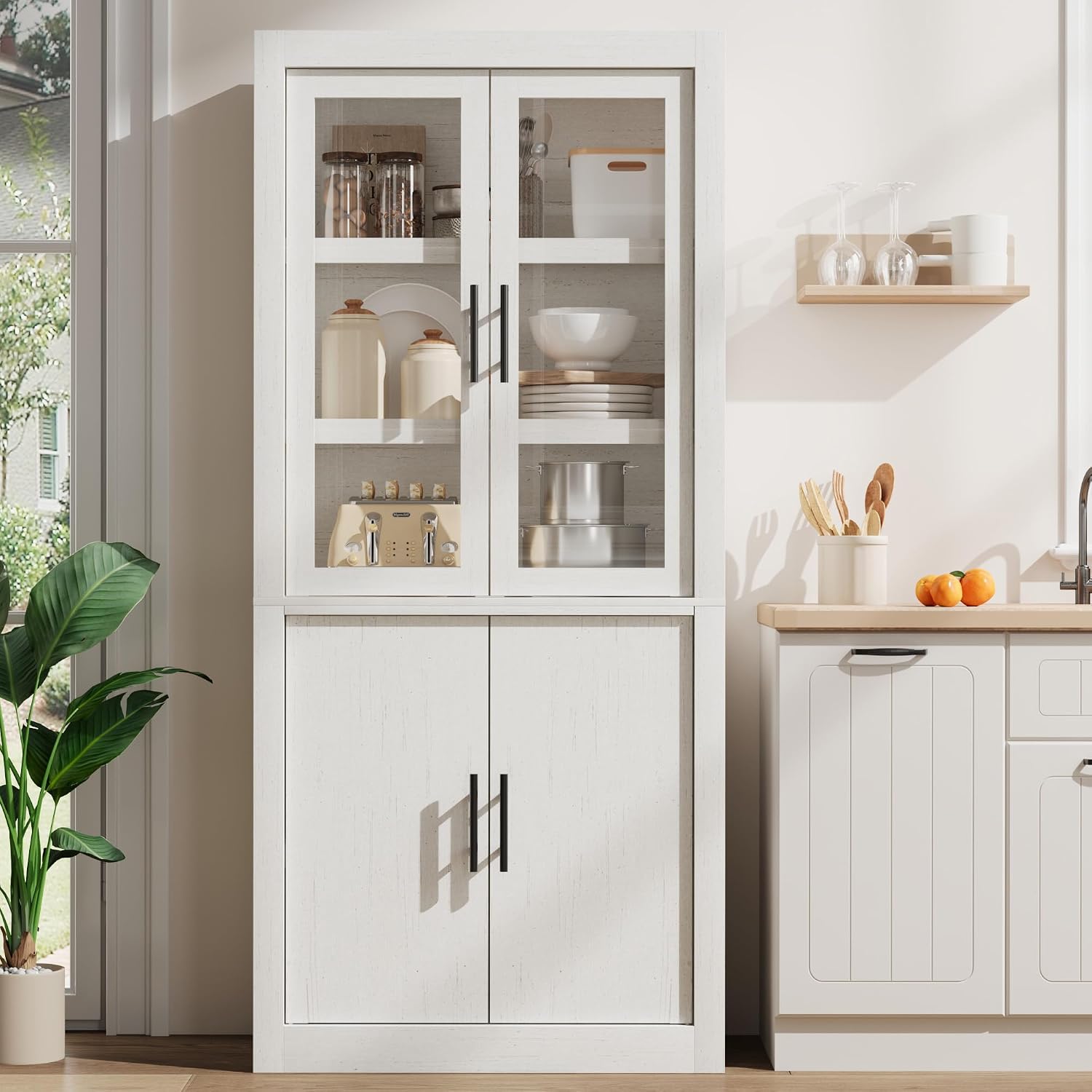 Tall Kitchen Pantry Cabinet, Farmhouse Kitchen Pantry Storage Cabinet Wood, 70.45" Large Cupboard with 4 Doors & Adjustable Shelves for Kitchen Storage, Dining, Office, Rustic White