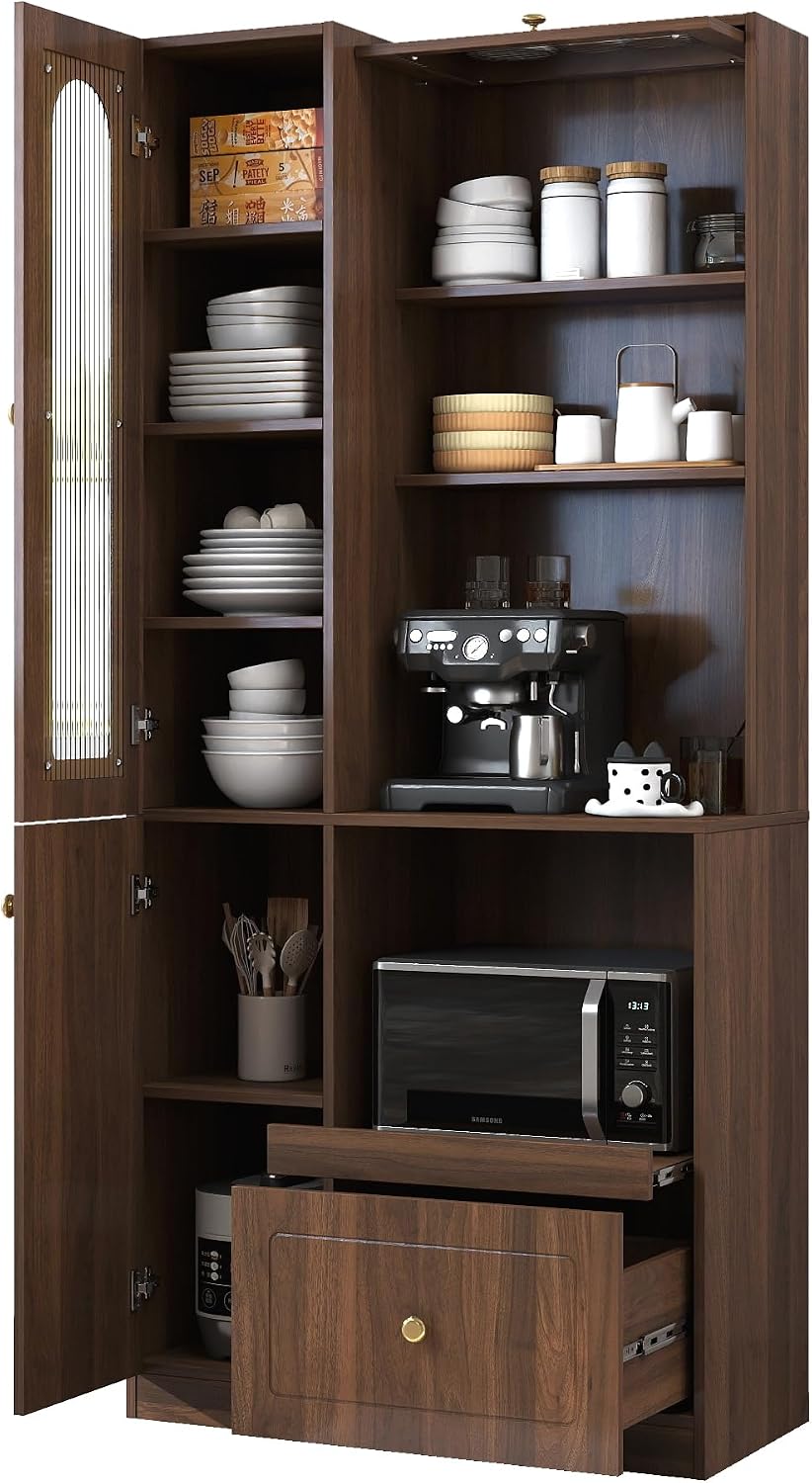 KEIKI 70.87" H Tall Kitchen Pantry Storage Cabinet with Countertop, Glass Doors, Drawers, Microwave Stand & Pull-Out Shelf, Freestanding Wood Hutch Food Pantries Cupboard for Coffee Bar, Dining Room