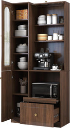 KEIKI 70.87" H Tall Kitchen Pantry Storage Cabinet with Countertop, Glass Doors, Drawers, Microwave Stand & Pull-Out Shelf, Freestanding Wood Hutch Food Pantries Cupboard for Coffee Bar, Dining Room