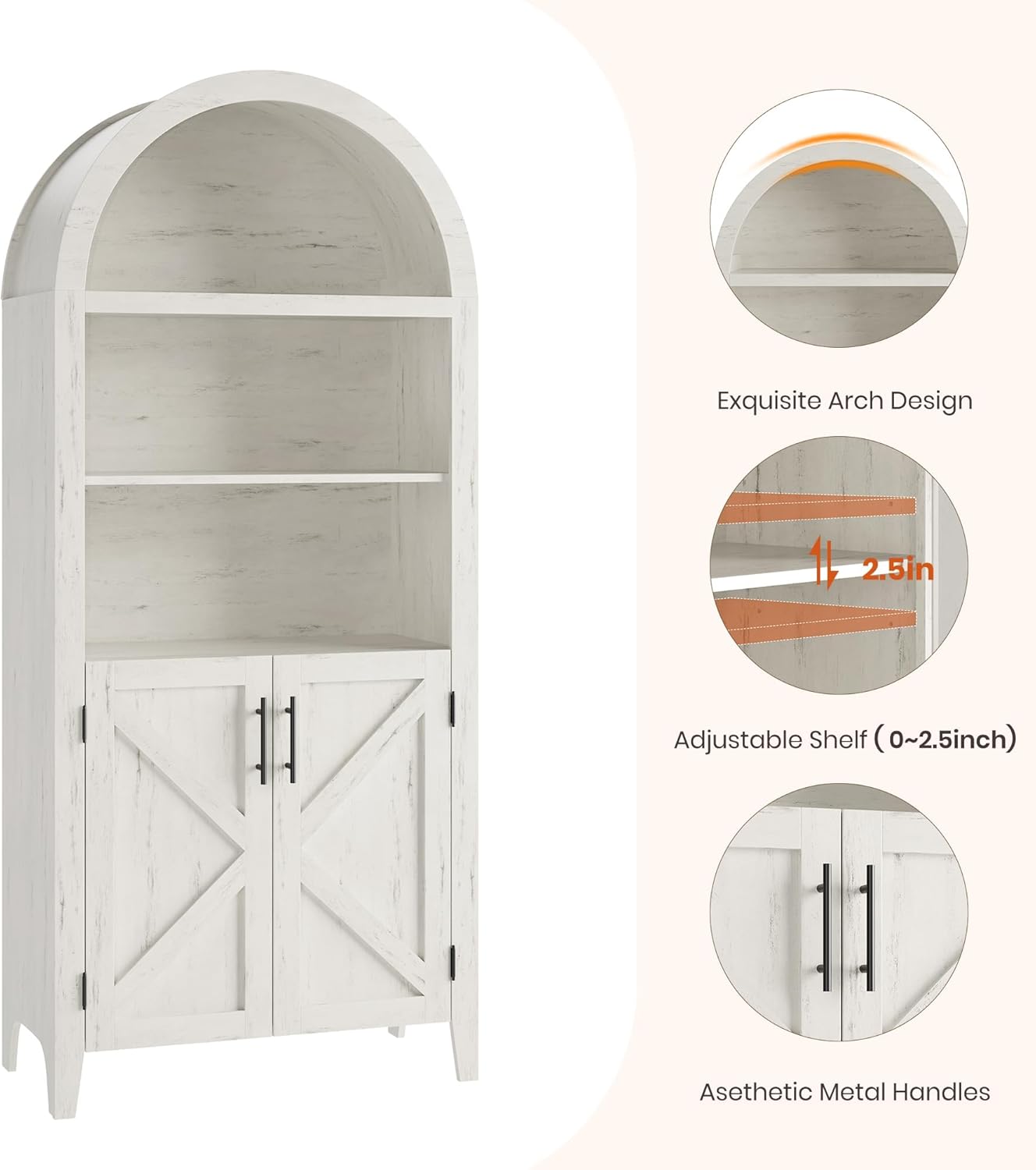 Garvee Arched Cabinet with Doors, 5-Tier Kitchen Pantry Cabinet with Adjustable Shelves, Wooden Open Farmhouse Storage Organizer for Kitchen, Dining Room, Living Room, Home Office, White