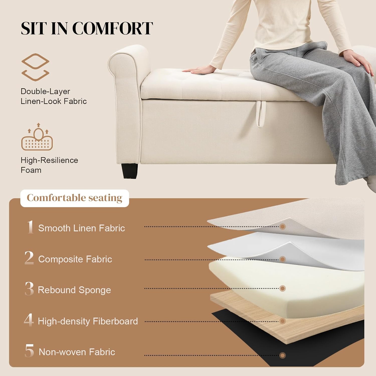 49" End of Bed Storage Bench for Bedroom, Upholstered Storage Ottoman | Easy Assembly with Instructions, Pet Friendly, Polyester Fabric Ottoman Bench for Bedroom, Living Room, Window, Entryway