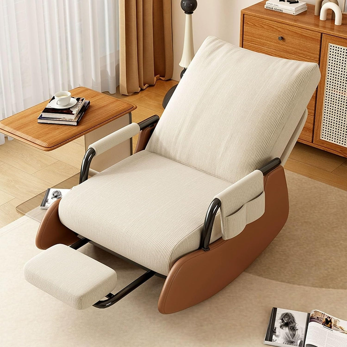 Rocking Chair with Side Bags, Adjustable Backrest Recliner Armchairs, Wide Accent Chair with Retractable Pedals, for Offices, Cafes, Reception Rooms