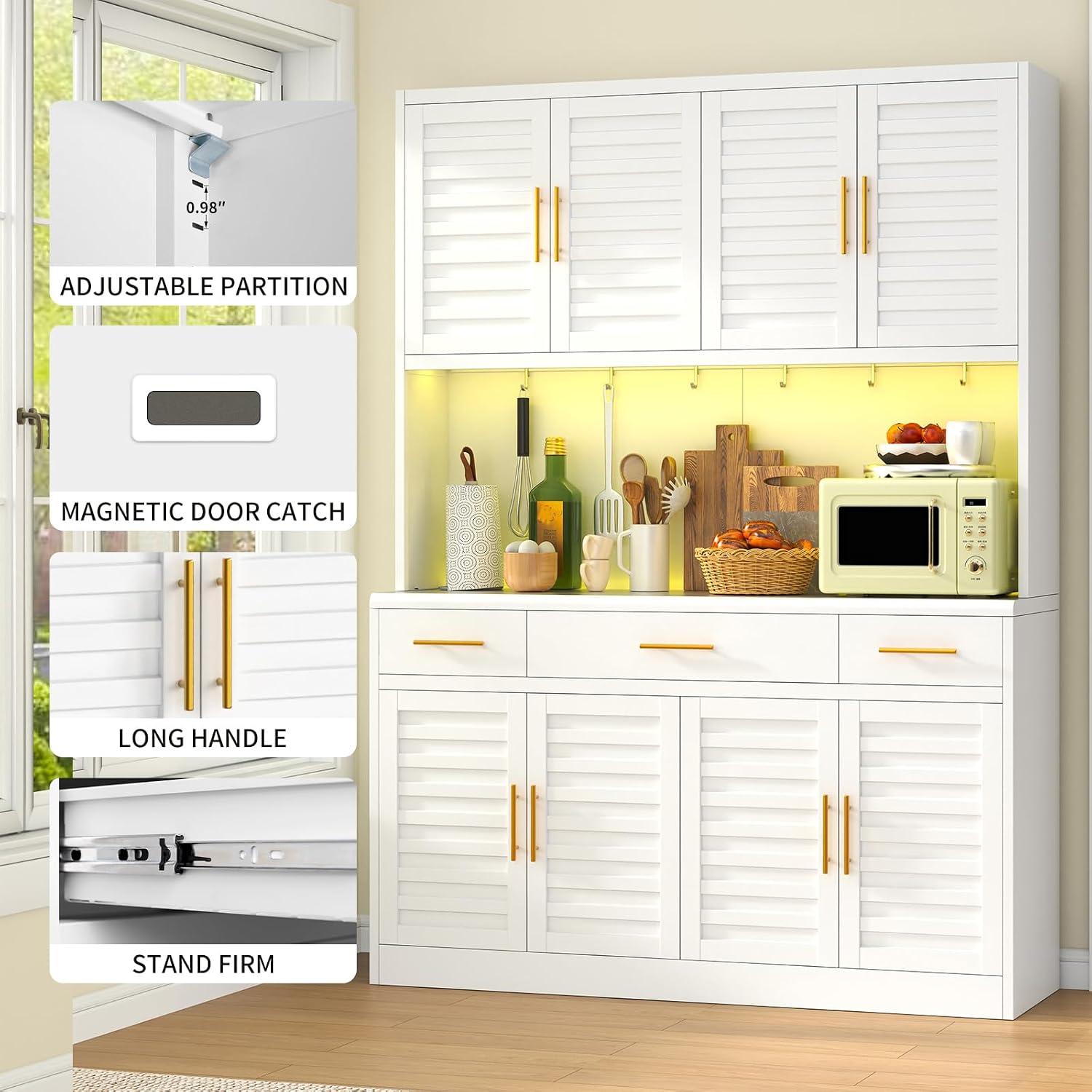 71" Tall Kitchen Pantry Cabinet, Metal Storage Cabinet, with 8 Doors & 6 Adjustable Shelves & 3 Drawer,Cupboard for Bathroom, Dinning Room, Kitchen, White