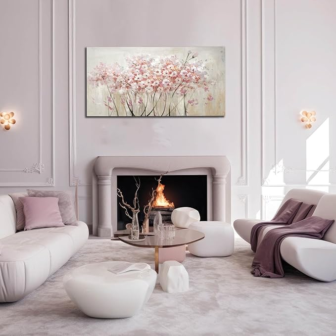 YJYart White Floral Oil Painting Canvas Art Wall Decor Modern Botanical Picture Graffiti Wall Art for Bedroom Living Room Kitchen Office 24" x 48"