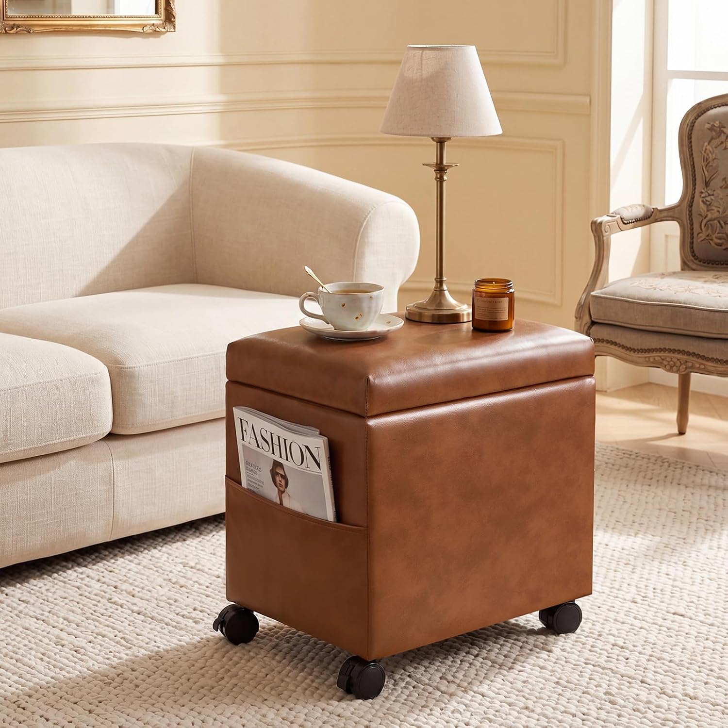 16" Faux Leather Storage Ottoman Foot Rest Stool with Wooden Tray, Footstool with Side Pocket & Wheels, Small Space Coffee Table & Seat for Living Room, Bedroom, Vintage Orange