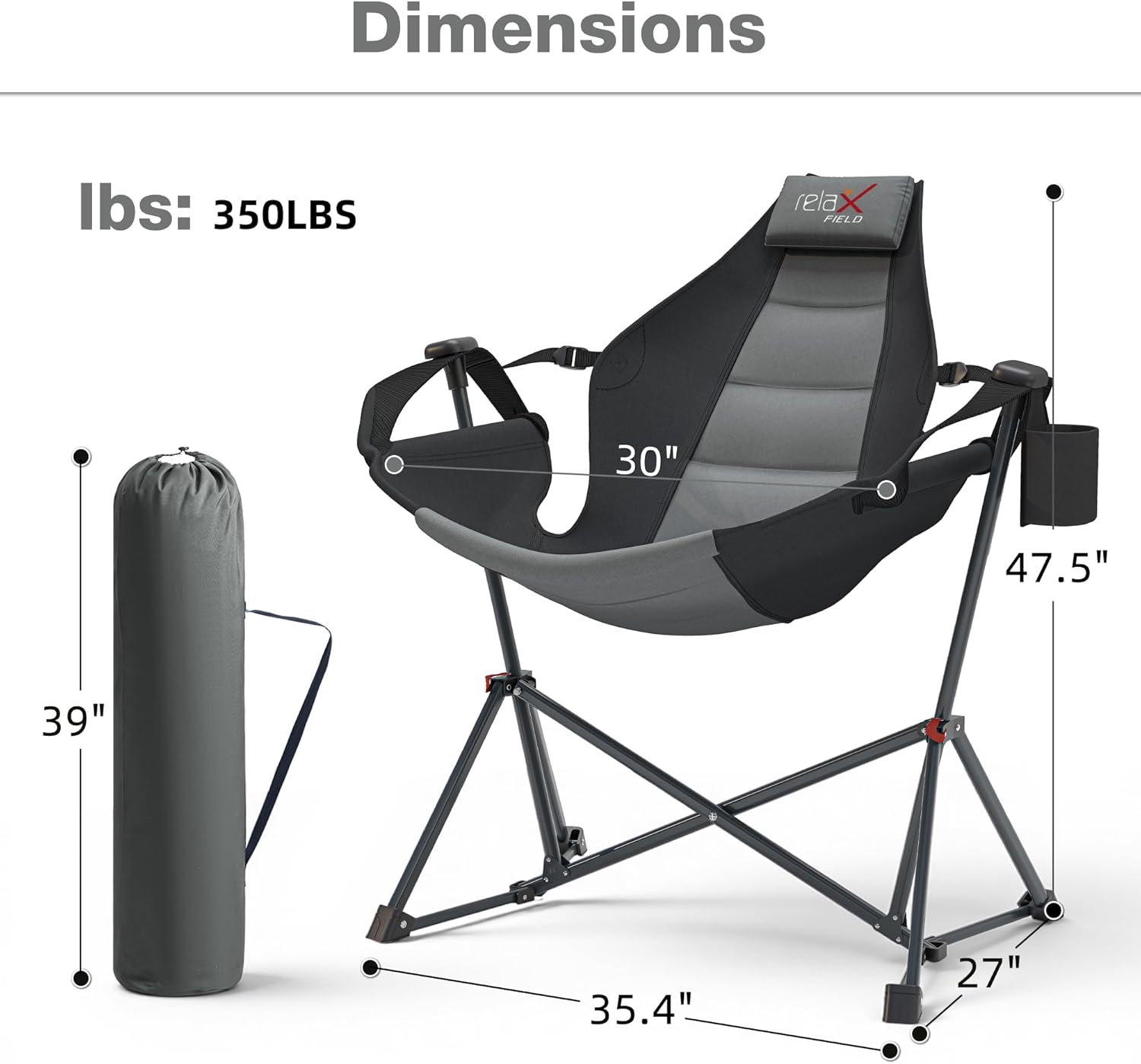 Hammock Camping Chair with Adjustable Backrest, 350LBS Heavy Duty Oversized Swinging Chair Portable Folding Rocking Chair with Pillow Cup Holder for Outdoor Beach Camping Patio, Black