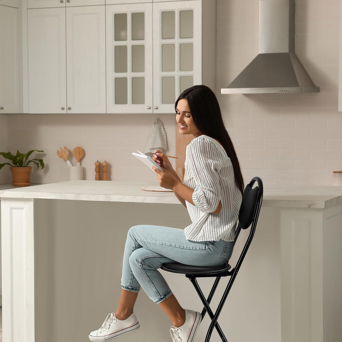 Sintuff 1 Pcs Seat Height 26 Inch Folding Bar Stool with Backrest Leather Padded Collapsible Stools for Adults Portable Black Bar Height Folding Chairs for Outdoor Indoor Kitchen Shop Cafe