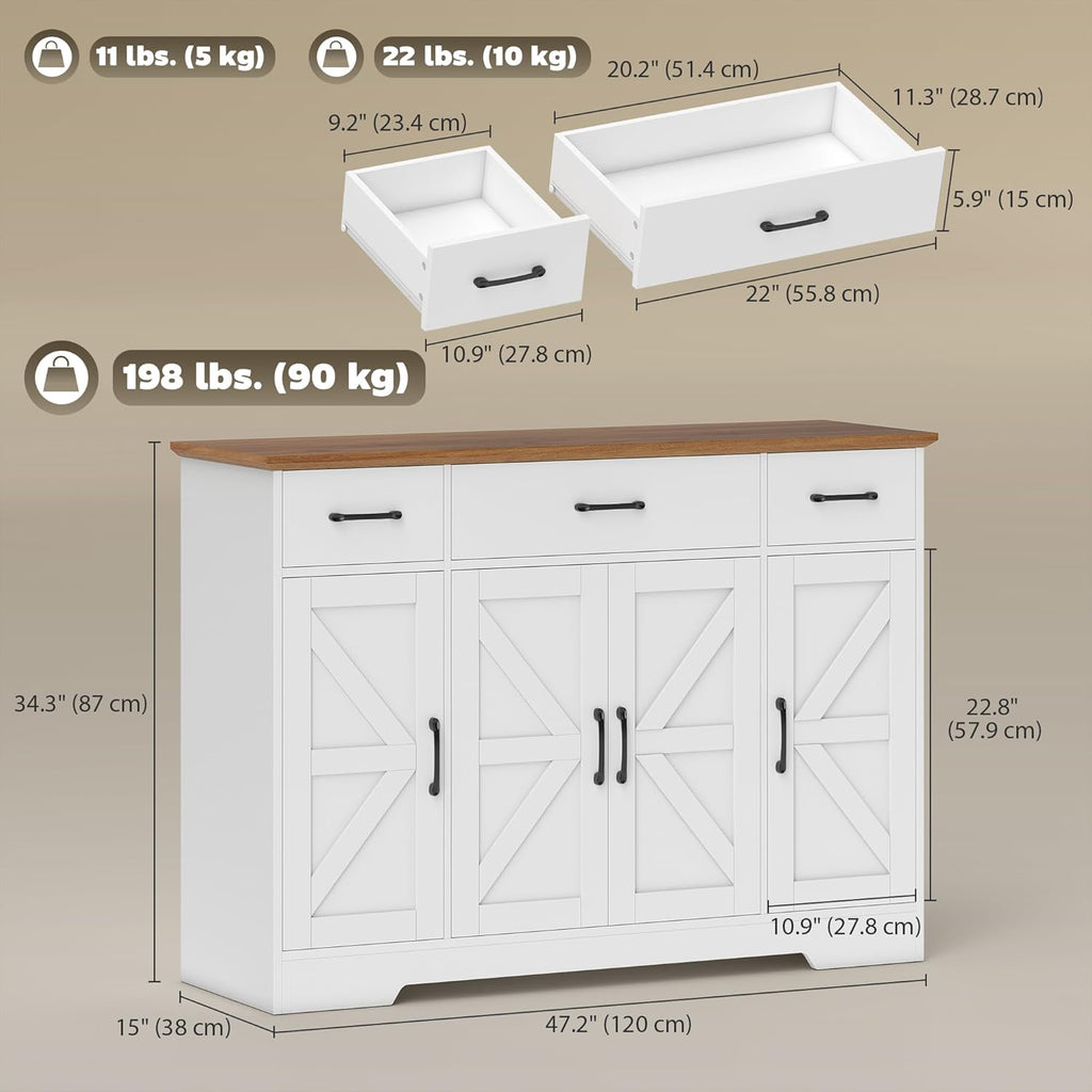 HOMCOM 47" Sideboard Buffet Cabinet, Farmhouse Credenza with Soft-Close Hinges, Coffee Bar Cabinet with Spice Racks, 3 Drawers and 3 Adjustable Shelves, White