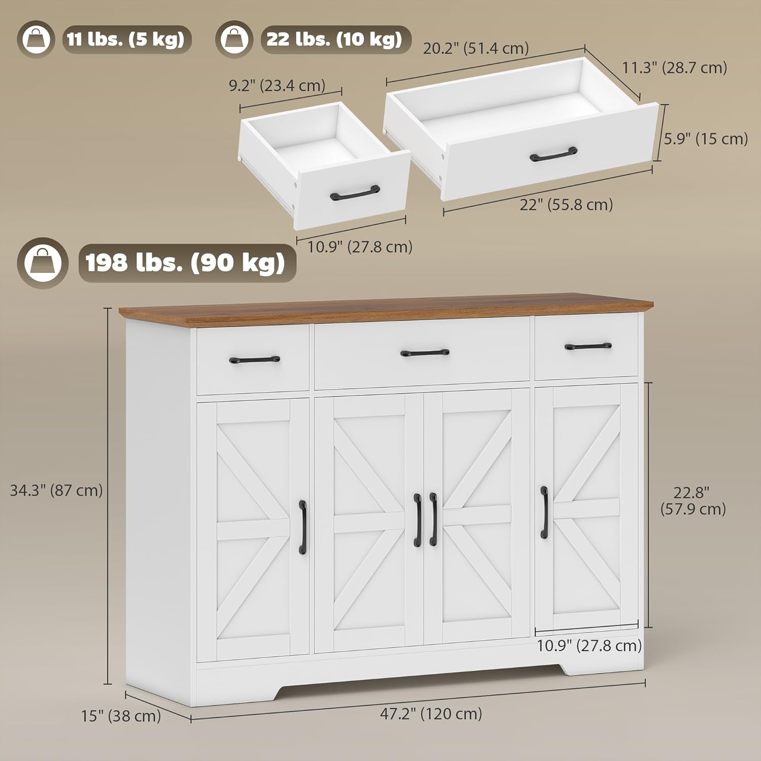 HOMCOM 47" Sideboard Buffet Cabinet, Farmhouse Credenza with Soft-Close Hinges, Coffee Bar Cabinet with Spice Racks, 3 Drawers and 3 Adjustable Shelves, White