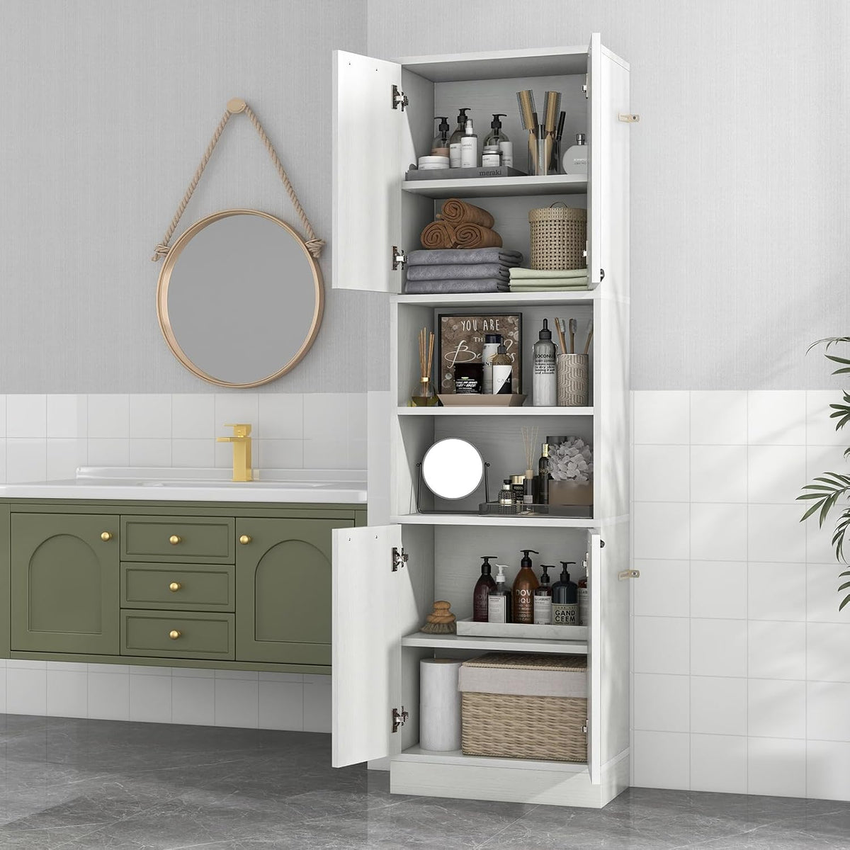 TANGZON 190CM Tall Kitchen Cupboard, 4-Door Storage Cabinet with Enclosed Cabinets, Open Compartments & Anti-tipping Kits, Freestanding Wooden Tall Sideboard for Pantry Dining Living Room (White Oak)