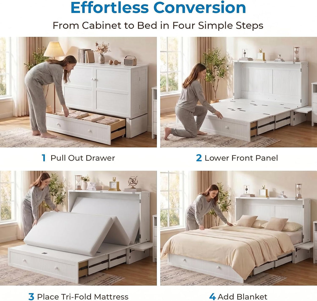 Mjkone Murphy Bed Cabinet Queen with Tri-Fold Mattress Included & USB Charging Station, Modern Versatile Solid Wood Chest Cabinet Wall Bed with Drawers, Adult Guest Beds for Apartment Bedroom - White