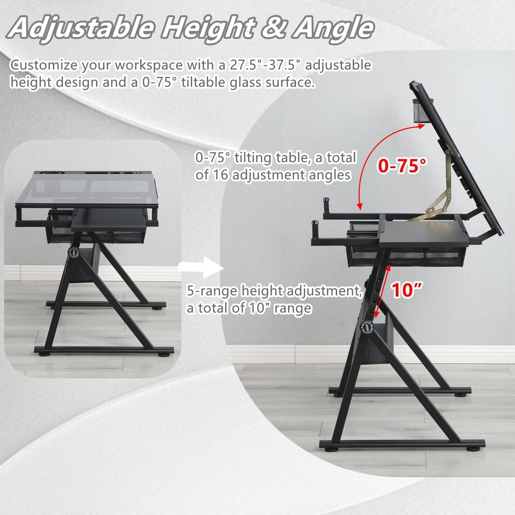 Drafting Table, Height Adjustable Drawing Table for Artists and Hobbyists, 0-75° Tiltable Glass Tabletop Art Table Painting Table Art Craft Desk with Storage Drawers, Black