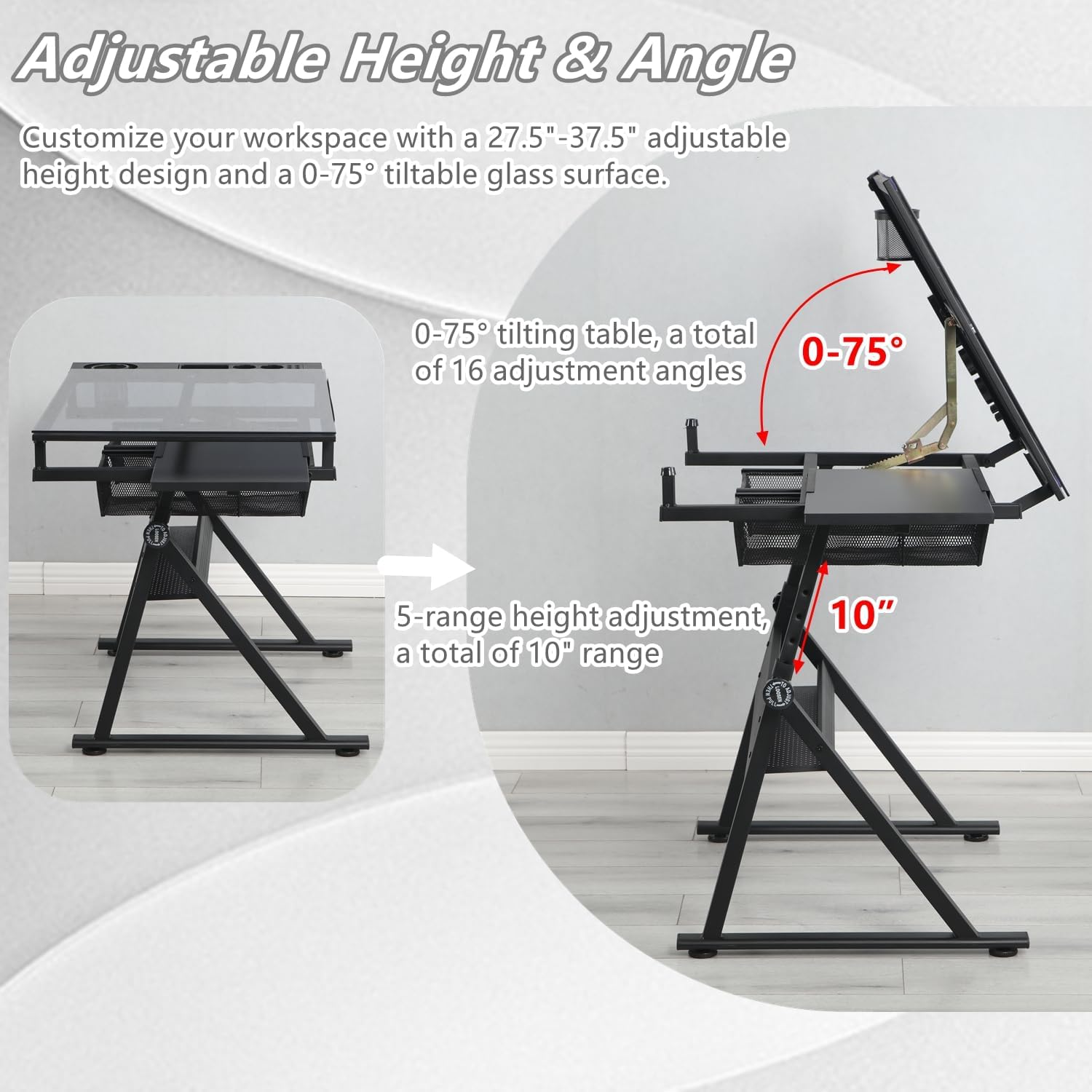 Drafting Table, Height Adjustable Drawing Table for Artists and Hobbyists, 0-75° Tiltable Glass Tabletop Art Table Painting Table Art Craft Desk with Storage Drawers, Black