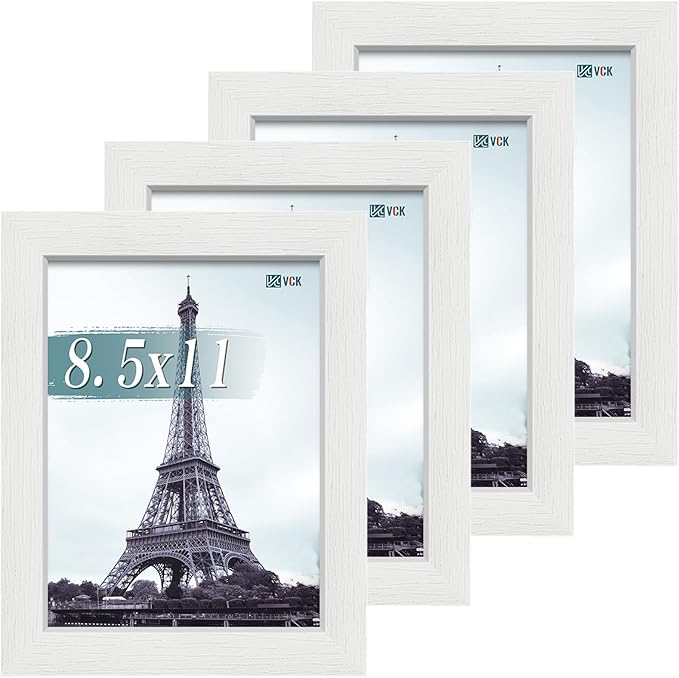 VCK 8.5x11 Picture Frame Set of 4 - White, Gallery-Quality Wood Poster Frames, 1.1-Inch Wide Border, Polished Plexiglass, Vertical or Horizontal Wall & Tabletop Display for Photo/Art/Prints, White