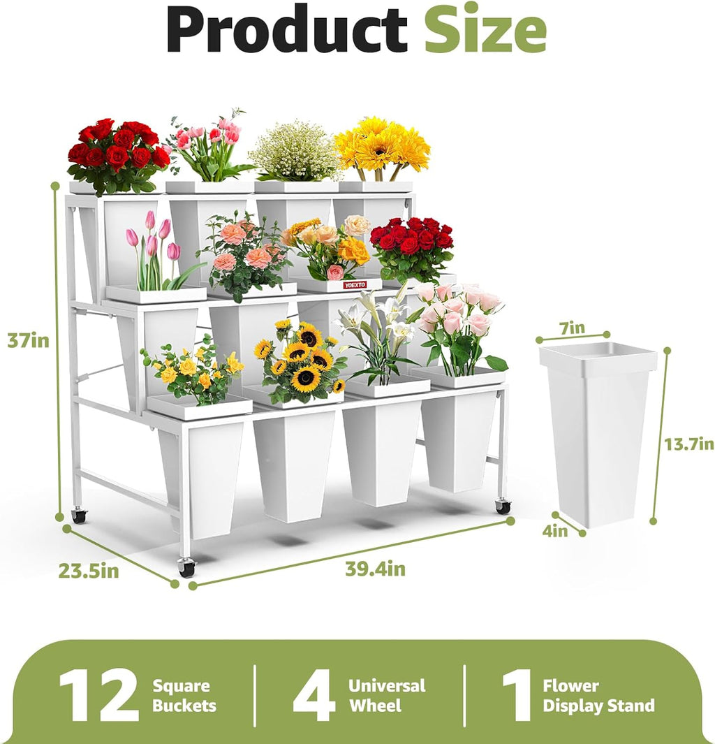 3 Layers Flower Display Stand with Buckets, 12 PCS Buckets Plant Stand with Wheels, Movable Metal Plant Stand for Terrace Garden, Living Room, Florist Shop