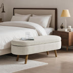 SoarFlash Ottoman Oval Storage Bench Linen Fabric Rubber Wood Legs（Beige）