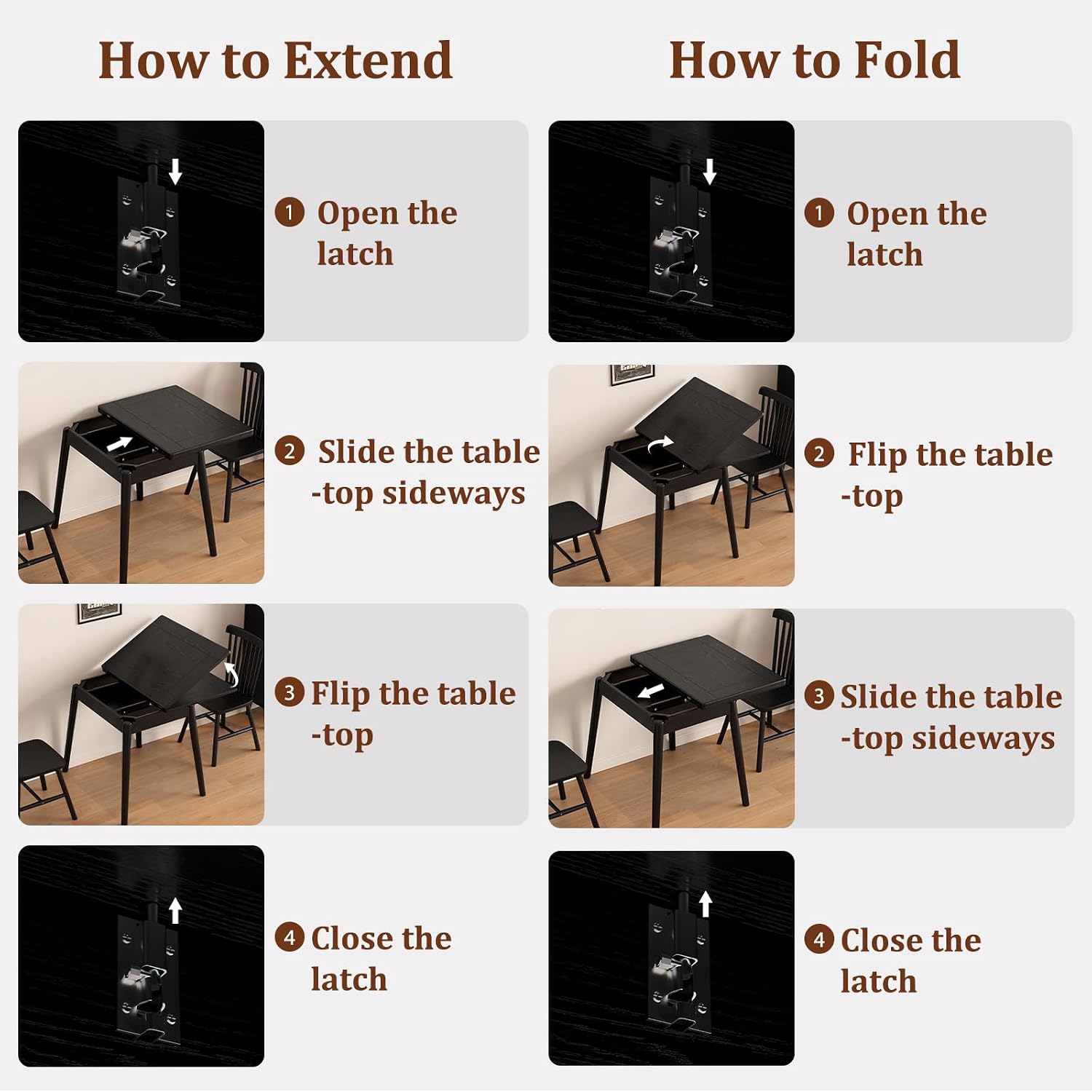 Solid Wood Small Dining Table, 23.6"L-47.2"L Expandable Kitchen Table for 2-6, Designed for Small Spaces, Easy Assembly, Suitable for Kitchen, Dining Room, Living Room, Apartment (Black)