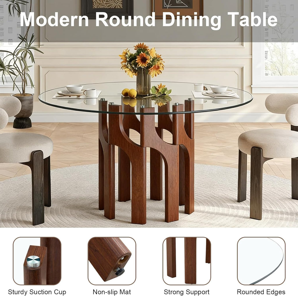 Round Glass Dining Table for 4-6, Modern 46-Inch Kitchen Table with Sturdy Pedestal Base & Clear Tempered Glass Top, Circle Dinner Table for Dining Room, Living Room & Small Apartment (Walnut)