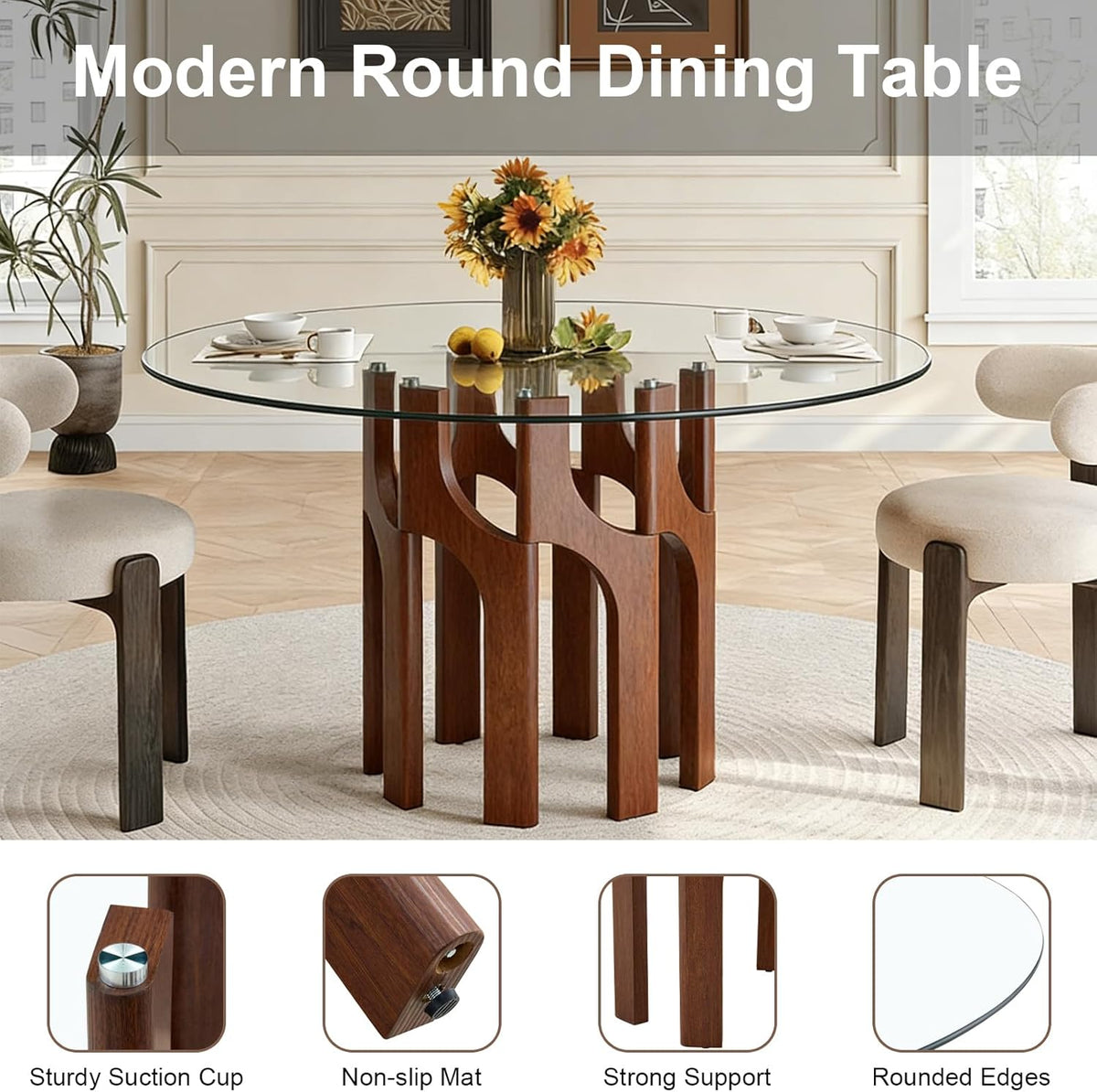Round Glass Dining Table for 4-6, Modern 46-Inch Kitchen Table with Sturdy Pedestal Base & Clear Tempered Glass Top, Circle Dinner Table for Dining Room, Living Room & Small Apartment (Walnut)