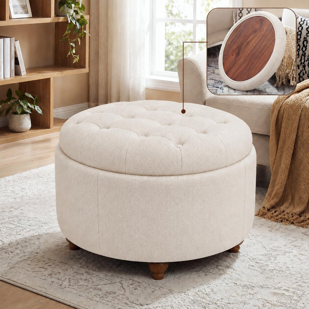 25" Round Ottoman with Storage, Small Coffee Table with Reversible Tray Lid | Tufted Fabric Round Storage Ottoman with Solid Wood Legs, 3-in-1 Footrest for Living Room, Bedroom, Entryway, Camel