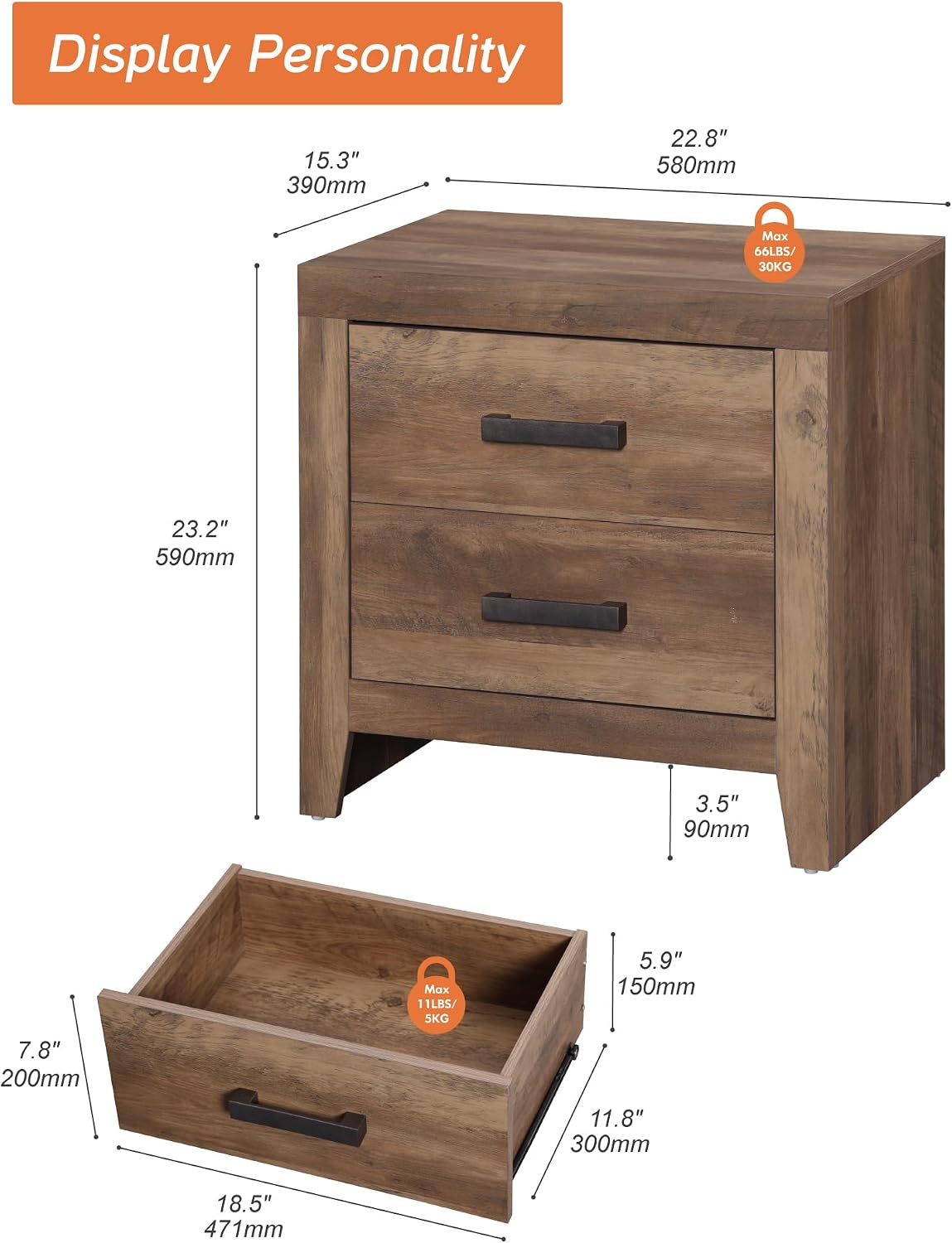 WAMPAT End Table with 2 Large Drawers, Wooden Side Table with Storage, Farmhouse Nightstand for Bedroom and Living Room, Brown