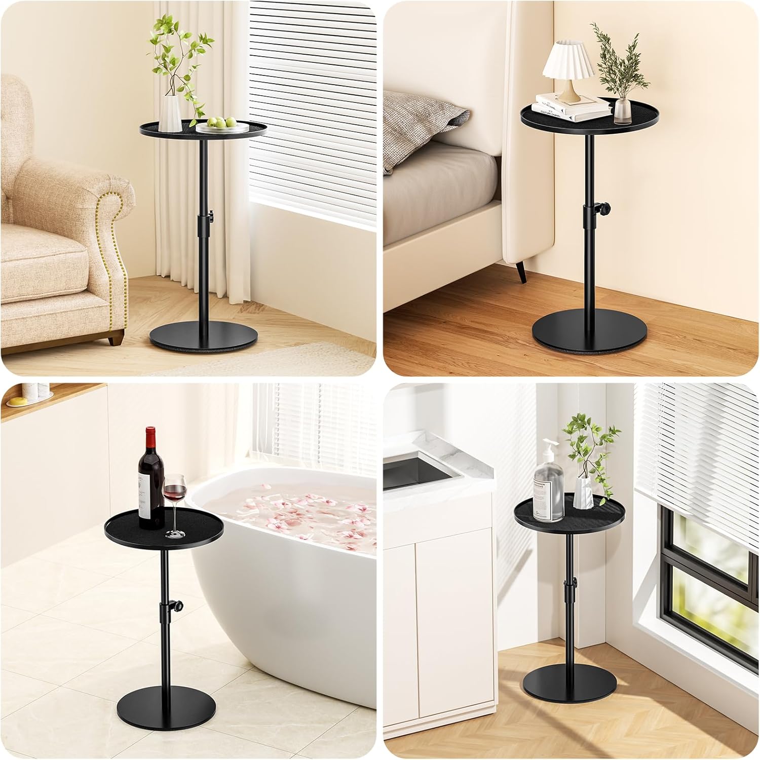 Metal End Table, Height Adjustable Side Tables Living Room, Small Side Table for Small Spaces Round Drink Table TV Tray Table for Living Room, Bedroom, Balcony, Office, Indoor & Outdoor