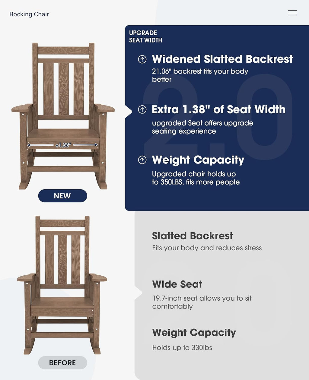 KINGYES Oversized Outdoor Rocking Chair Set of 2, HDPE Patio Rockers, Brown | | All-Weather Patio Rocking Chairs for Porch | High Back & Wide Seat for Garden, Lawn