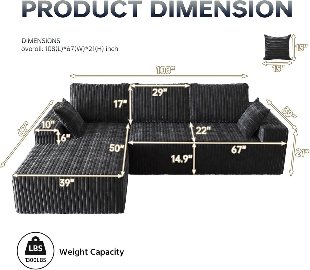 108" Modular Sectional Cloud Couch for Living Room Deep Seat L Shapes Couch with Oversized Chaise Lounge, Comfy Memory Foam Flannel Fabric Sofa for Bedroom Apartment, No Assembly Required