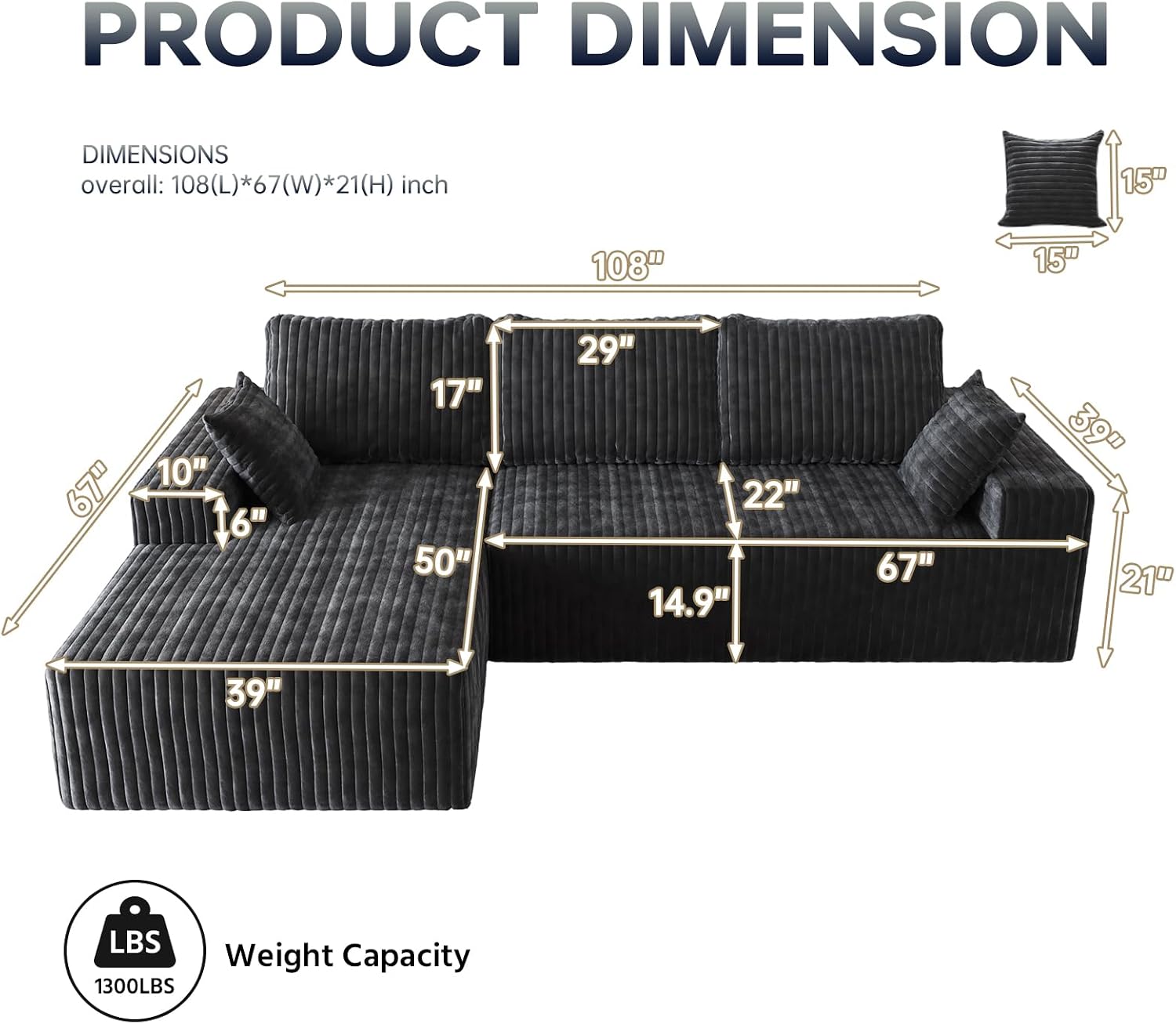 108" Modular Sectional Cloud Couch for Living Room Deep Seat L Shapes Couch with Oversized Chaise Lounge, Comfy Memory Foam Flannel Fabric Sofa for Bedroom Apartment, No Assembly Required