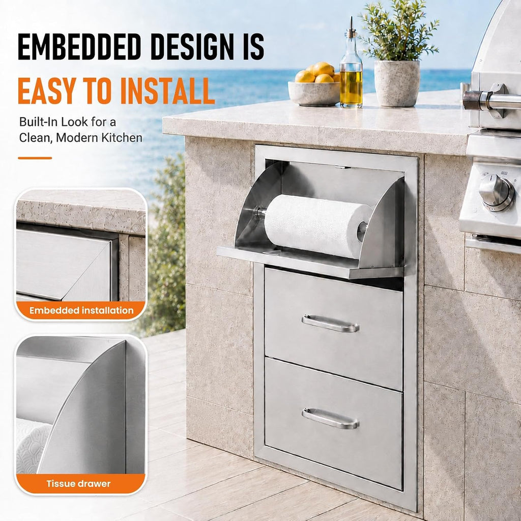 Outdoor Kitchen Drawers, 17" W x 30" H x 21" D Stainless Steel BBQ Drawer with Paper Towel Holder Combo, Flush Mount Triple Access Drawers with Handle for Outdoor Kitchen Island, Patio Grill Station