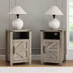 Grey Farmhouse Nightstand Set of 2, End Tables Set with Charging Station, Night Stand with Door and Storage Shelf, Sofa Side Table Living Room, Bedside Table for Bedroom