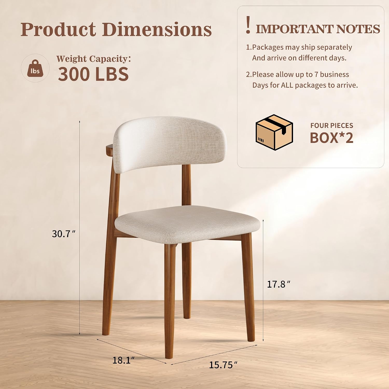Wooden Dining Chairs Set of 4 Mid Century Modern Upholstered Farmhouse Dining Room Chair with Solid Wood Legs, Fabric Kitchen Side Chairs with Ergonomic Curved Backrest (4, Walnut + Beige)