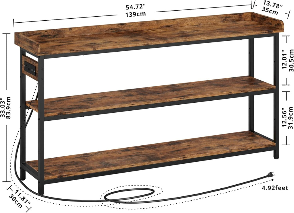 IRONCK Console Table with Power Outlet, One Piece Top, Sofa Table 55" | Entryway Table with Storage, Narrow Hallway Table for Entryway, Living Room, Foyer, Height Adjustable, Easy Assembly