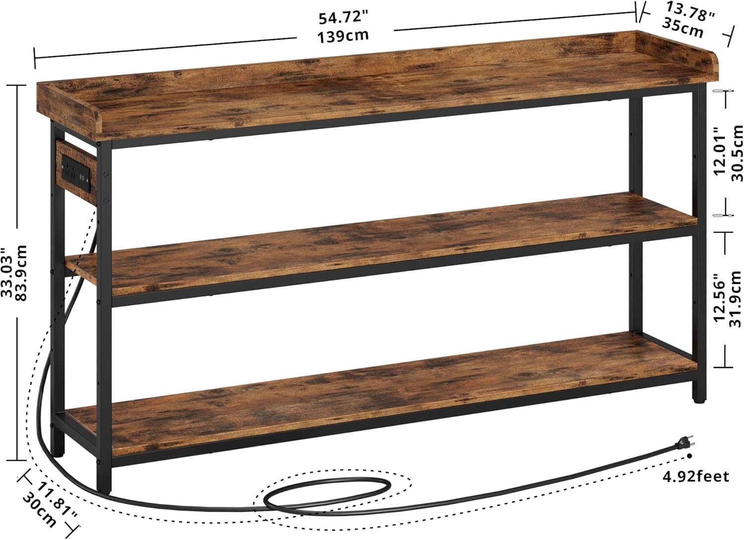 IRONCK Console Table with Power Outlet, One Piece Top, Sofa Table 55" | Entryway Table with Storage, Narrow Hallway Table for Entryway, Living Room, Foyer, Height Adjustable, Easy Assembly