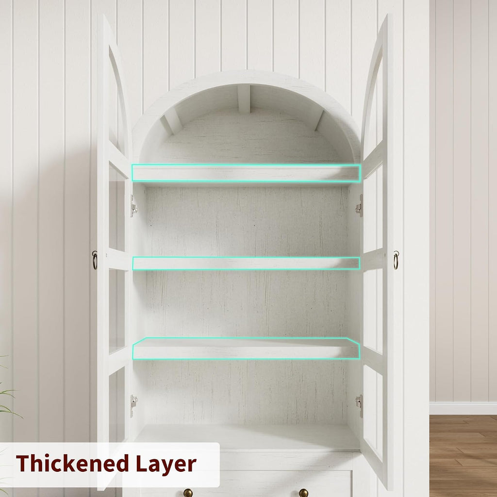 72" Tall Arched Kitchen Pantry Cabinet,Wood Arched Bookshelf with 2 Doors, 2 Drawers, Adjustable Shelves,Versatile Sideboard Buffet for Dining & Living Room,White