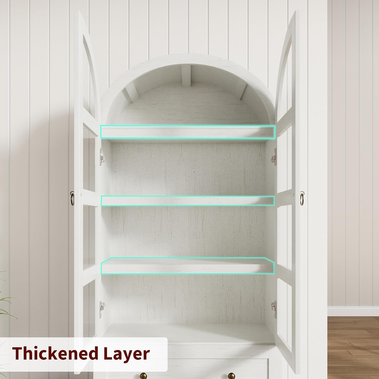 72" Tall Arched Kitchen Pantry Cabinet,Wood Arched Bookshelf with 2 Doors, 2 Drawers, Adjustable Shelves,Versatile Sideboard Buffet for Dining & Living Room,White